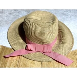 C.C Frayed Bow Trim Band Panama Hat Tan With Pink Bow Floppy Sun Beach Hat Paper